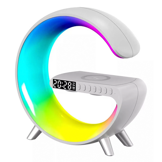 Lampara G® LED RGB, Cargador inalámbrico, Altavoz Bluetooth, Reloj digital y Alarma